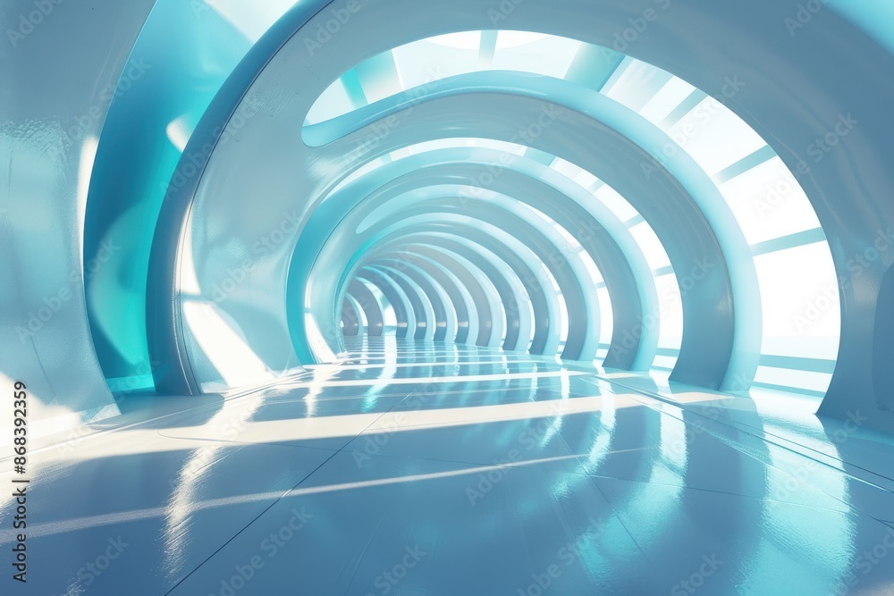 Futuristic blue hallway with curved walls and bright light. Concept of science fiction, technology, and the future. Futuristic blue hallway with curved walls and bright light. Concept of science fiction, technology, and the future.