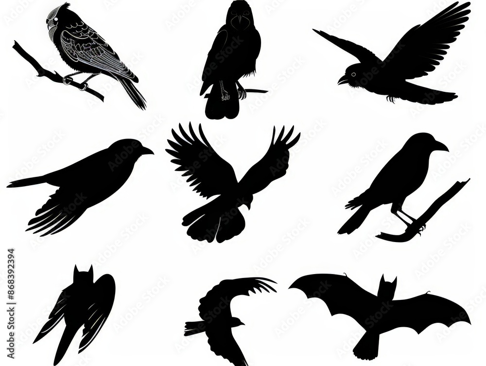 Silhouette Collection: Variety of Birds and Bats in Flight Silhouette Collection: Variety of Birds and Bats in Flight