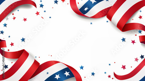 Festive red-white-blue stars and ribbons on white background. American flag frame for Memorial Day, 4th of July or Labor Day.