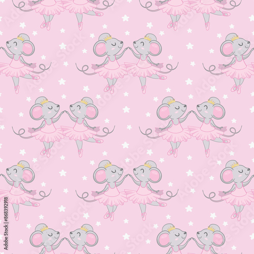 seamless pattern mouse ballerina. cute pattern for children's textiles a mouse in a skirt and crown is dancing.