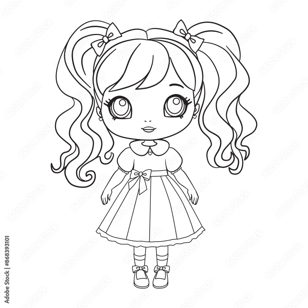 A cute little girl in a dress. A coloring book page with a colorful template for children. A cute little girl in a dress. A coloring book page with a colorful template for children.