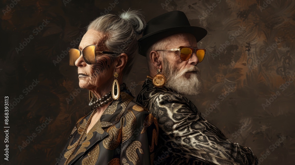 portrait of an old couple dressed in modern fashion, with big earrings and gold glasses.
portrait of an old couple dressed in modern fashion, with big earrings and gold glasses.