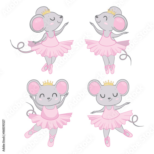 Hand drawn beautiful, lovely, little mouse ballerina girl with crown on her head.