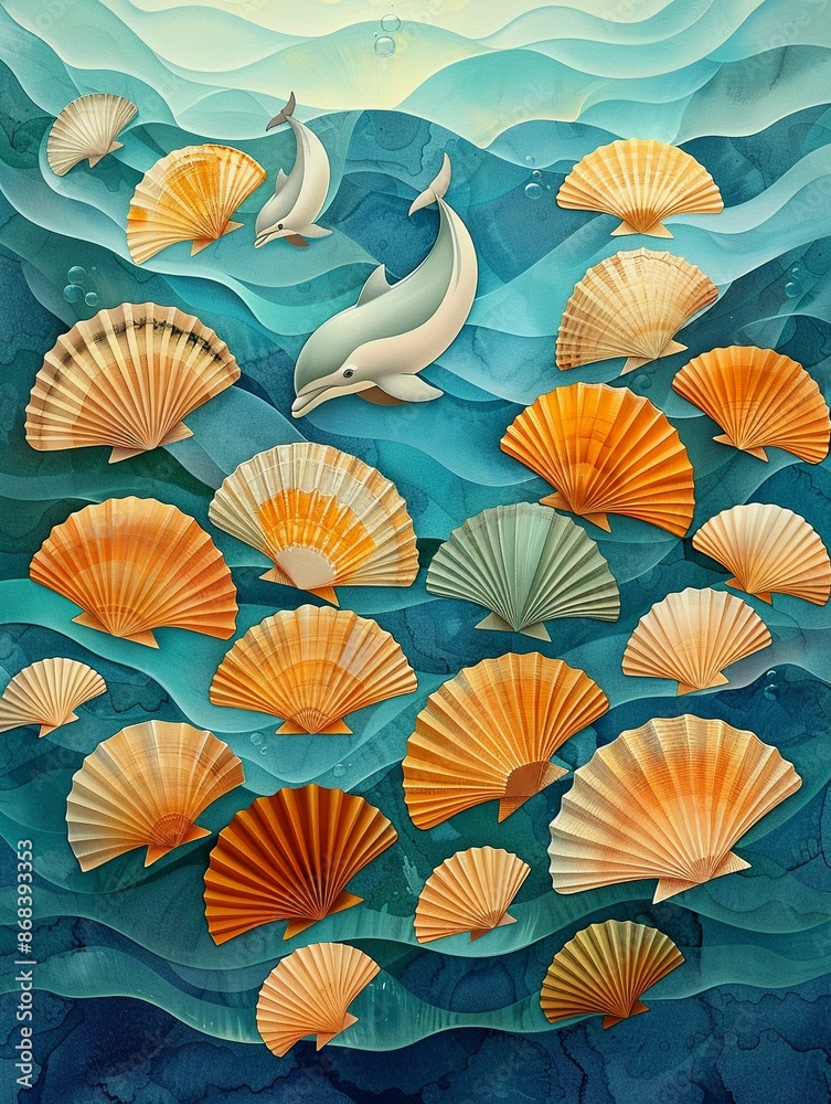Dolphins arranging shells in intricate patterns, creative thinking, oceanic creativity Dolphins arranging shells in intricate patterns, creative thinking, oceanic creativity