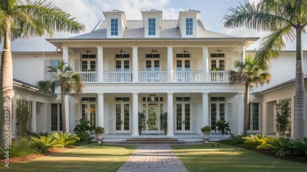 Southern estate with Bahama shutters in antique white, adding a touch of old-world charm Southern estate with Bahama shutters in antique white, adding a touch of old-world charm