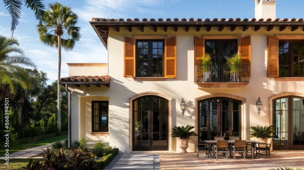 Fototapeta premium Spanish villa with terracotta Bahama shutters, adding Mediterranean warmth to the sun-drenched facade