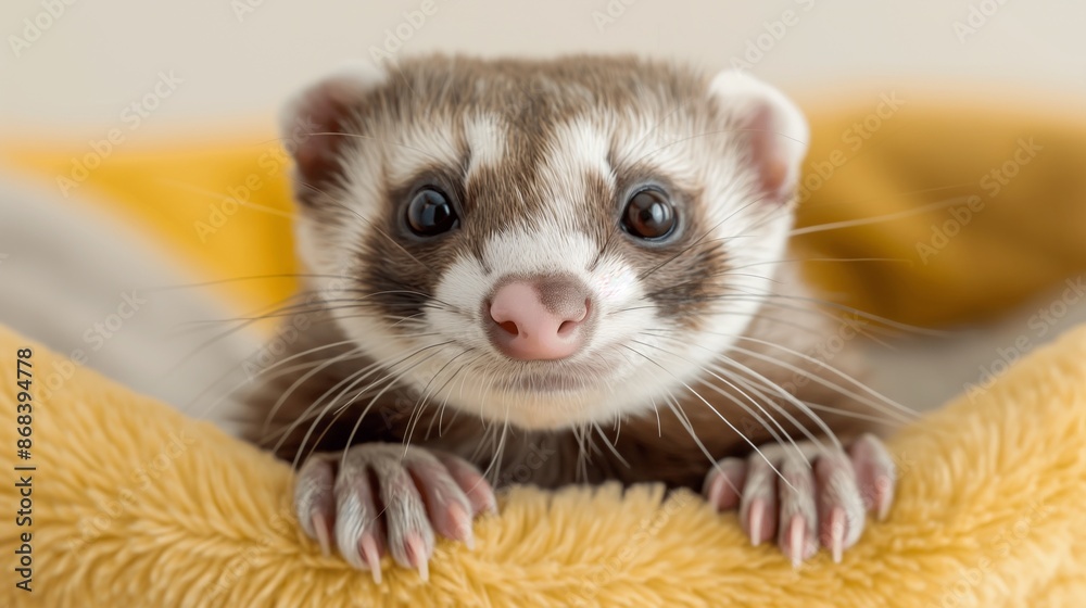 Adorable Ferret Peeking Over Yellow Blanket - Closeup Portrait