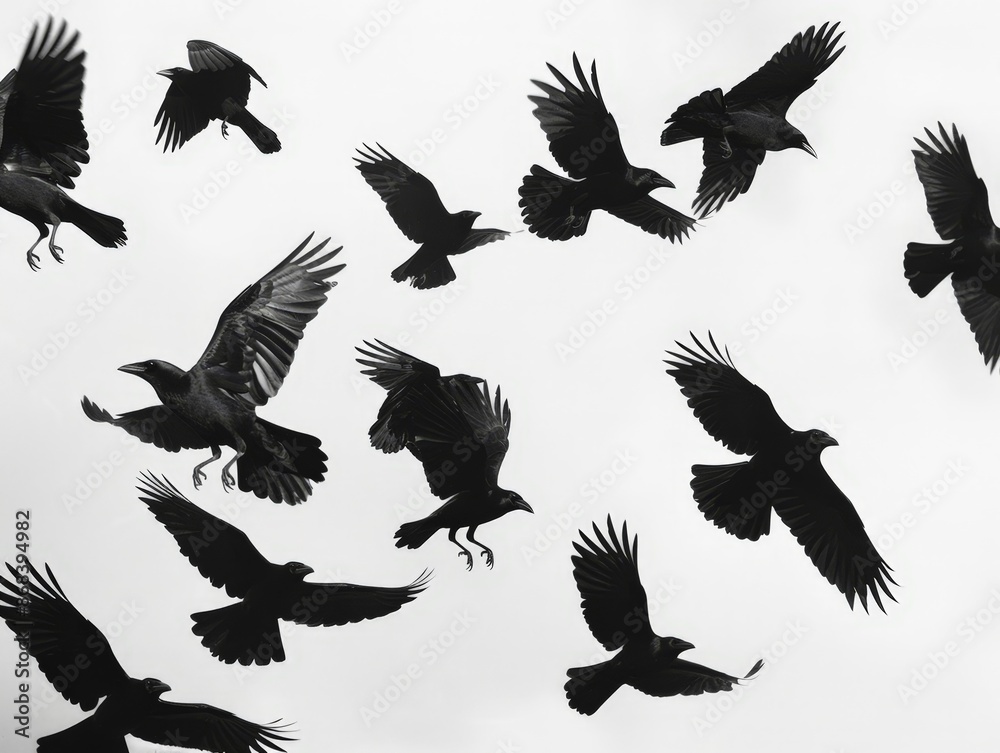 Obraz premium Migratory Flock of Black Birds in Flight