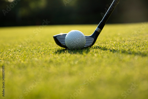 Closeup Golf ball on green grass on course, Sport and lifestyle