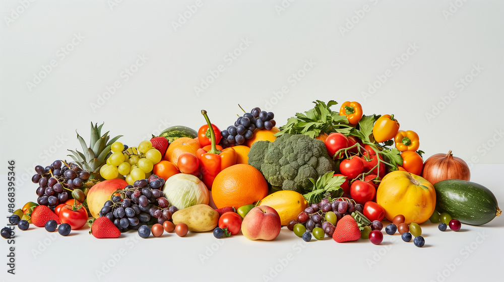 Large pile of fresh fruits and vegetables on an isolated background. Large pile of fresh fruits and vegetables on an isolated background.