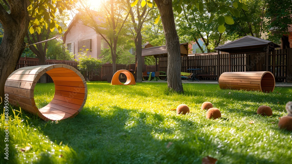Naklejka premium A bright and cheerful outdoor pet playground with wooden tunnels and balls scattered on the grass