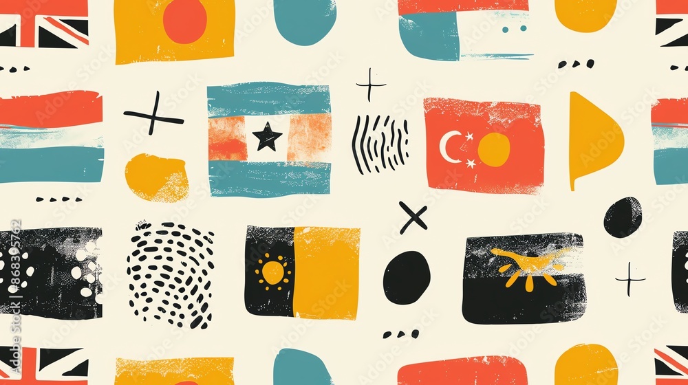 Seamless pattern with hand-drawn national flags, minimalist abstract style, colorful vector art, ideal for digital and print media Seamless pattern with hand-drawn national flags, minimalist abstract style, colorful vector art, ideal for digital and print media