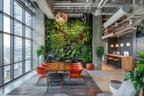 lush vertical garden in a modern office space living walls burst with tropical plants creating a biophilic work environment with natural light and sleek furnishings © Bijac