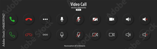 Set of Video call icons. Black buttons with Video chat conference symbols. Collection of video communication elements. Neumorphism style, UI UX design, Vector illustration.