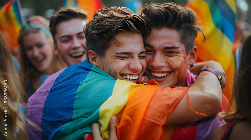 Fototapeta premium Group hug with pride flags, heartwarming