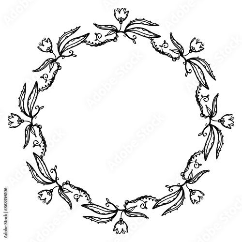 Black doodles - vector floral boho style wreath.