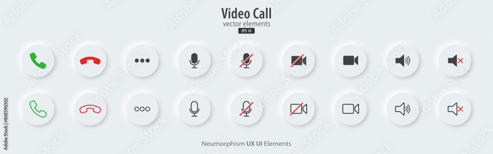 Set of Video call icons. White buttons with Video chat conference symbols. Collection of video communication elements. Neumorphism style, UI UX design, Vector illustration. Set of Video call icons. White buttons with Video chat conference symbols. Collection of video communication elements. Neumorphism style, UI UX design, Vector illustration.