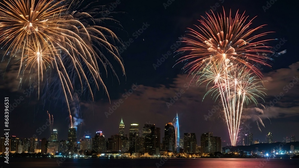 A clock striking midnight with fireworks bursting in the night sky over a city skyline celebration A clock striking midnight with fireworks bursting in the night sky over a city skyline celebration