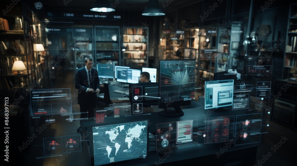 High-tech office with digital screens displaying data, technology concept High-tech office with digital screens displaying data, technology concept