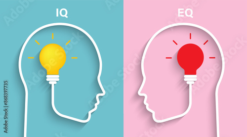 IQ and EQ concept with head silhouette. Heads of two persons one with emotional vs intelligence quotient. Vector illustration design for template design, business, web, brochure and banner.