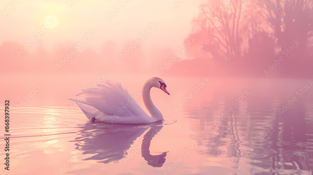 Fototapeta premium White swan floating on the lake