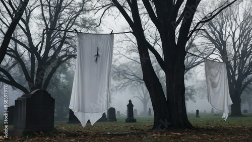 A ghostly white sheet hanging from a tree in a misty, eerie yard filled with tombstones photo