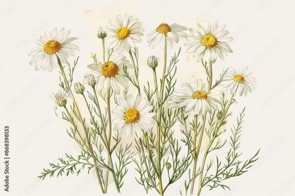 Fototapeta premium Charming Botanical Illustration of Chamomile Flowers for Print, Card, Poster Design
