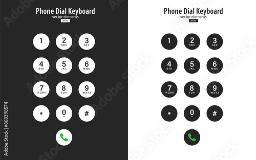 Set of black and white smartphone dial keypad design. Mobile phone numbers panel with numbers and letters. Dial buttons user interface display design. UX UI. Vector illustration.