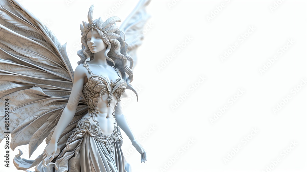 Obraz premium A 3D rendered white, female fairy with wings spread.