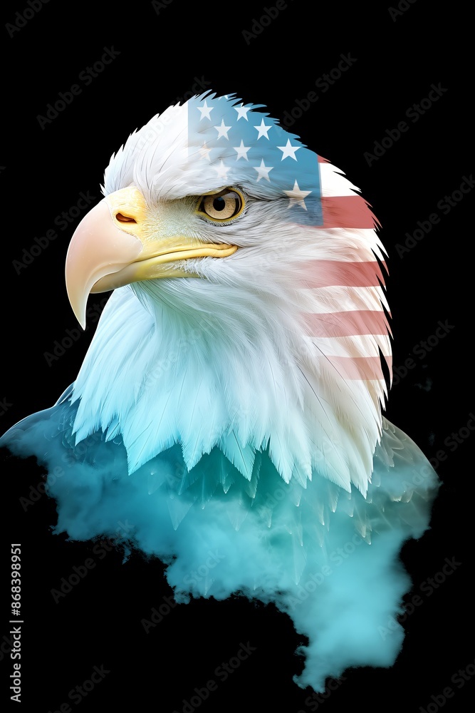 Bald eagle with American flag isolated on black background. Patriotic concept for 4th of July. Watercolor illustration for design logo, banner, poster, greeting card