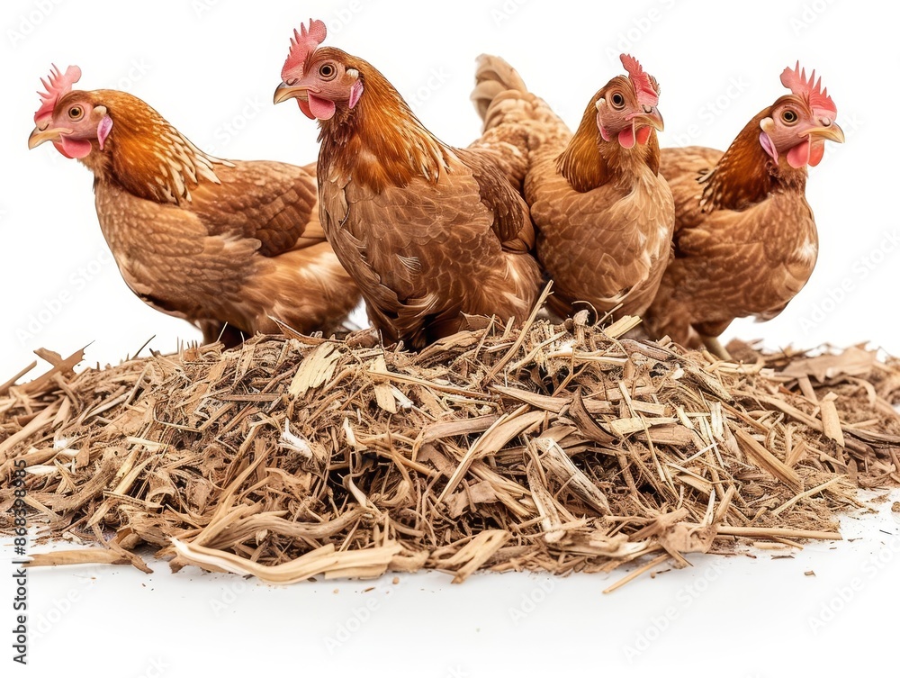 Fototapeta premium Four brown hens on a pile of wood shavings, white background