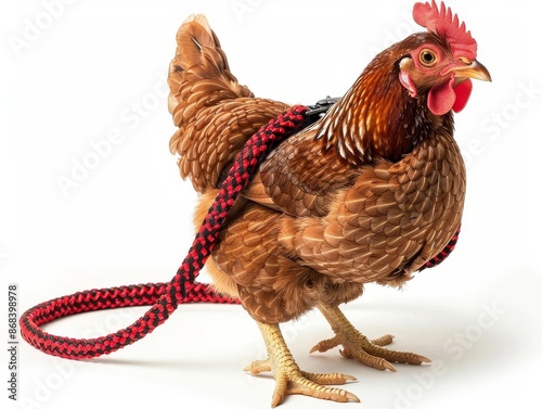 Chicken wearing red leash photo