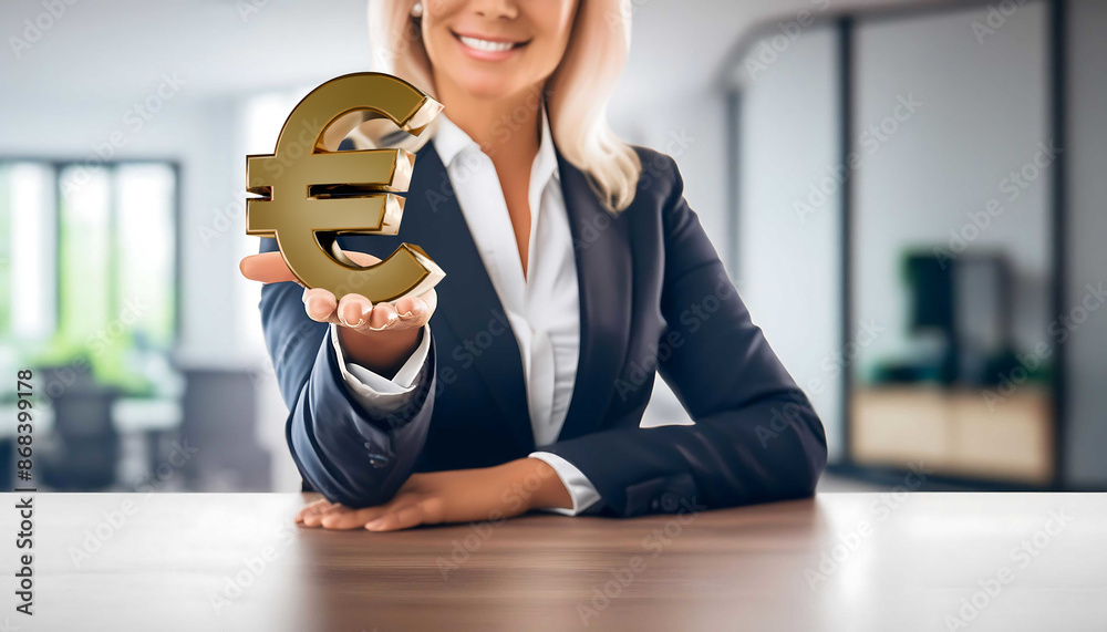 Businesswoman showing the Euro symbol she is holding. Money, finance, economy, inflation and foreign exchange buying and selling concept Businesswoman showing the Euro symbol she is holding. Money, finance, economy, inflation and foreign exchange buying and selling concept