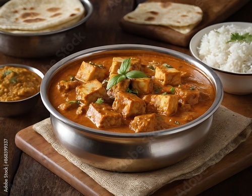 Paneer Butter Masala or Cheese Cottage Curry in serving a bowl or pan, served with chapatis. photo