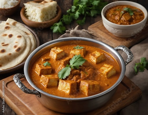 Paneer Butter Masala or Cheese Cottage Curry in serving a bowl or pan, served with chapatis. photo