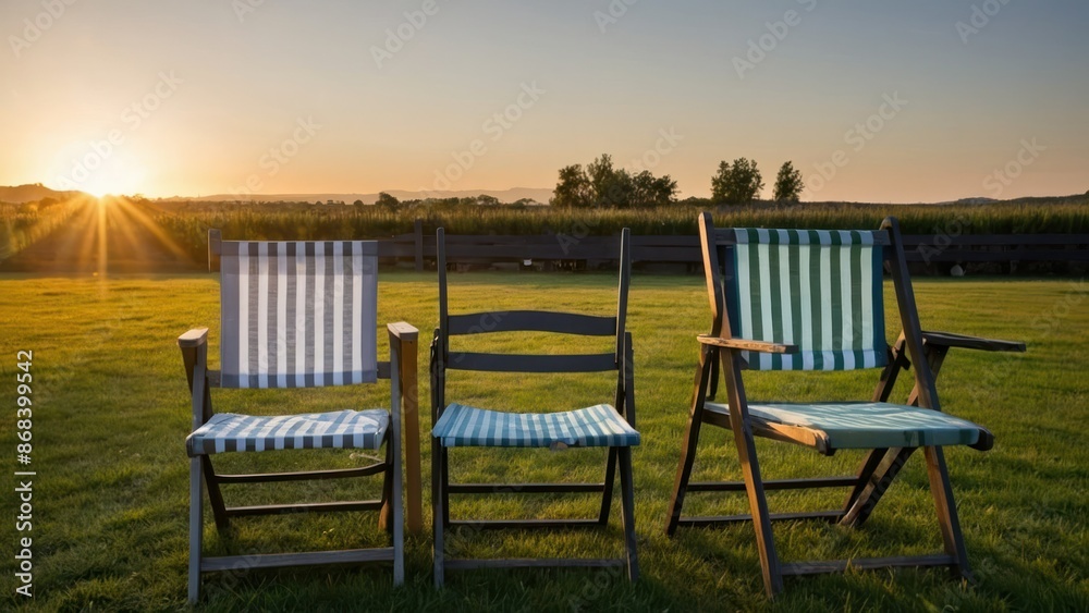 A row of empty folding chairs set up on a lawn with a serene sunset backdrop for gatherings A row of empty folding chairs set up on a lawn with a serene sunset backdrop for gatherings