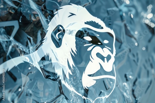 A white silhouette logo of a gorilla's face, emphasizing its thoughtful expression and muscular build, against a glassy crystalline background photo