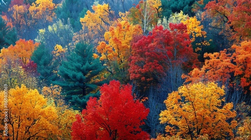 A vibrant autumn forest scene with trees of red, orange, and yellow.