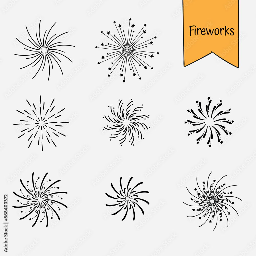 firework line icon set, happy new year firework