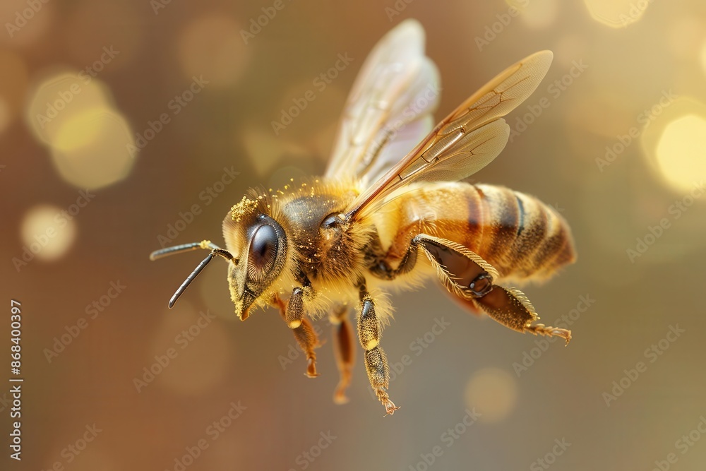 macro shot of a golden honeybee midflight iridescent wings spread wide pollencovered legs intricate compound eyes soft bokeh background macro shot of a golden honeybee midflight iridescent wings spread wide pollencovered legs intricate compound eyes soft bokeh background