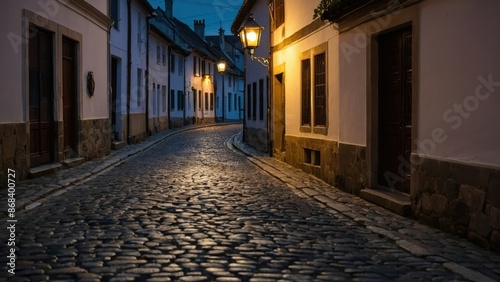 A single lantern lighting a cobblestone street in a charming, peaceful old village at night © Kumblack
