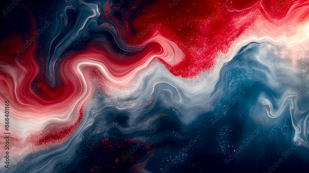 Abstract fluid art background in red, white and blue colors, with ...