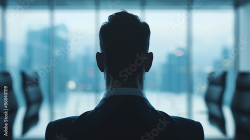 Business executive sitting in modern office with city view, back view. Concept of leadership, power, and corporate success.