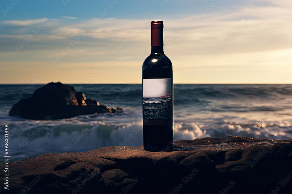 Red Wine Bottle on Ocean Beach, Wine Bottle Mockup on Rocky Shore, Dark Blue Sky Sunset Red Wine Bottle on Ocean Beach, Wine Bottle Mockup on Rocky Shore, Dark Blue Sky Sunset
