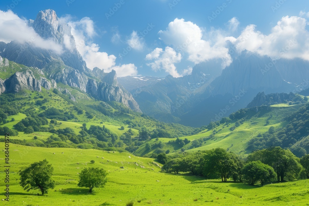 Fototapeta premium Stunning Landscape of Naranjo de Bulnes with Clear Blue Sky and Green Grass