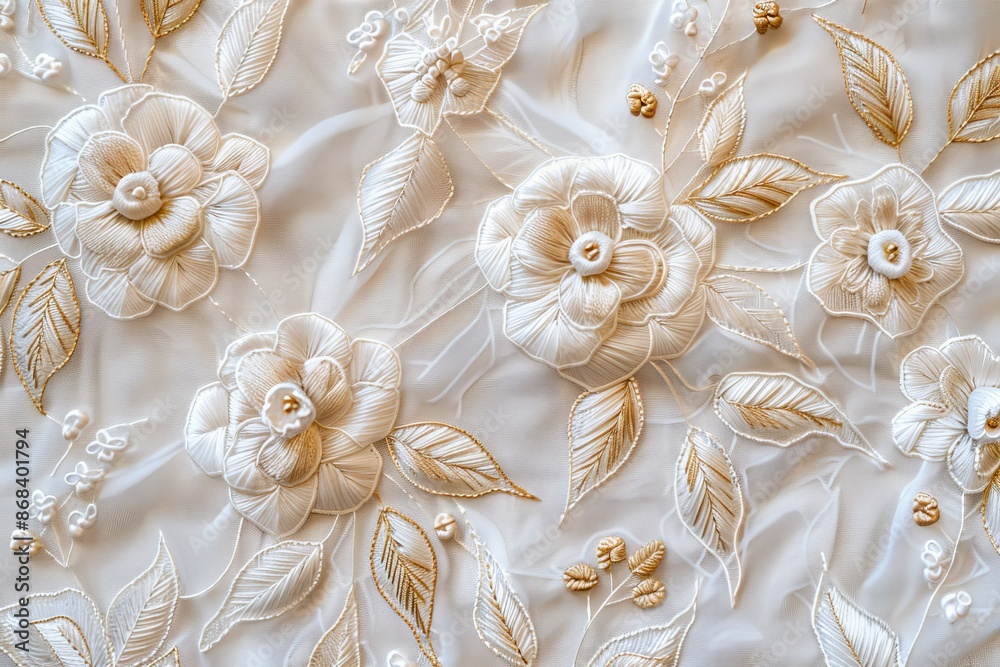 White and Gold Embroidery Texture Background, Abstract Embroidered Pattern, Copy Space