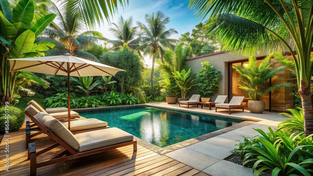 Fototapeta premium Tropical paradise retreat with lush greenery, tranquil ambiance, and cozy lounge chairs by a pool , Tranquility