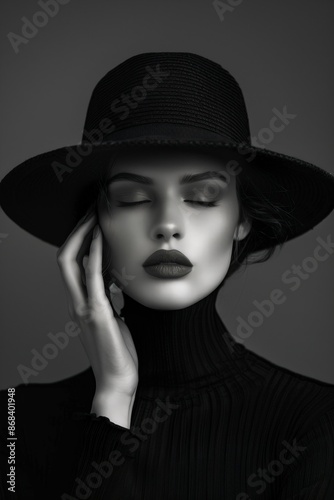 Elegant lady in wide brimmed hat on grey background. Black and white portrait of young and beautiful woman. Retro fashion, monochrome noir concept. Banner with copy space