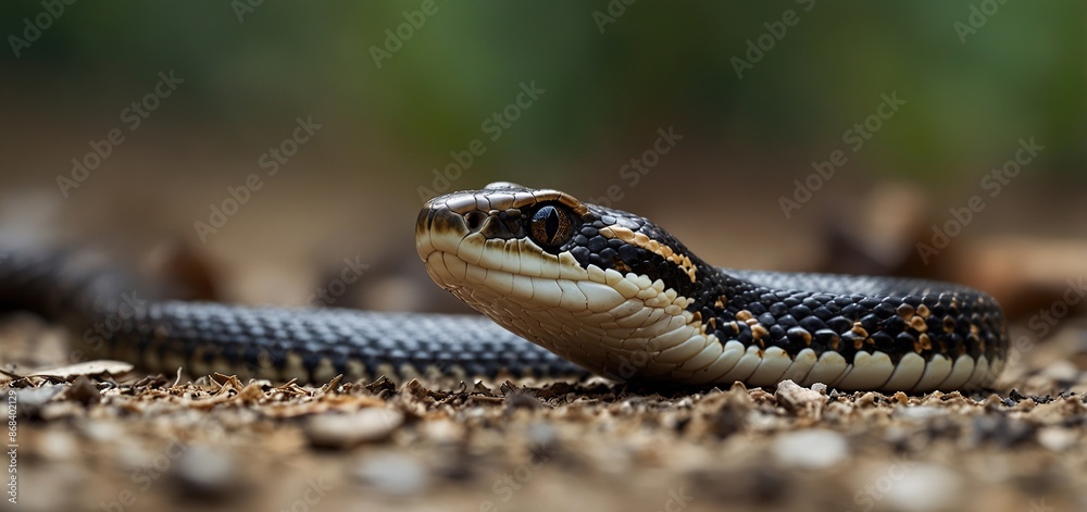 Obraz premium Close up wildlife photography, authentic macro photo of a snake in natural habitat, taken with telephoto lenses, for relaxing animal wallpaper