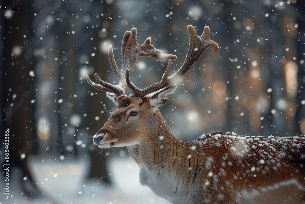 majestic deer in serene snowcovered forest antlers adorned with delicate snowflakes wildlife photography majestic deer in serene snowcovered forest antlers adorned with delicate snowflakes wildlife photography